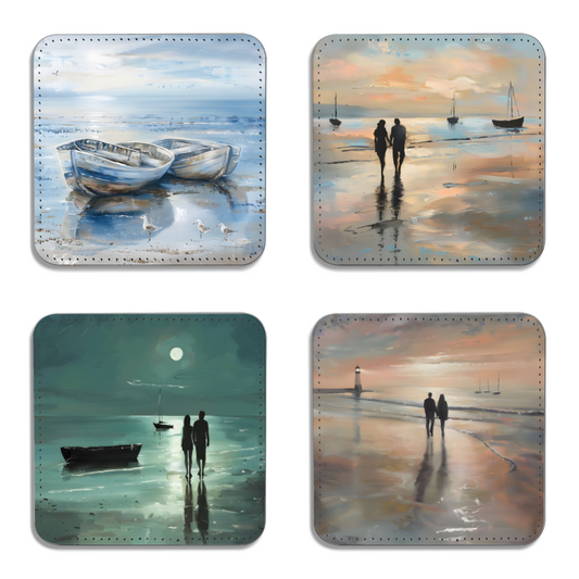 Coastal Whispers Series Set Of 4 PU Leather Coasters
