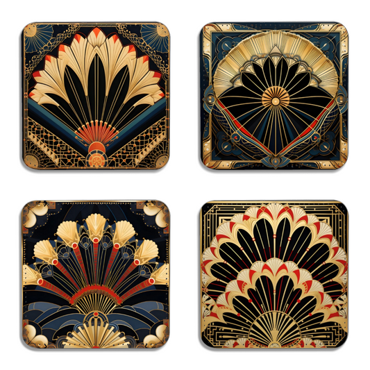 Deco Elegance In Red Art Deco Set Of 4 PU Leather Coasters