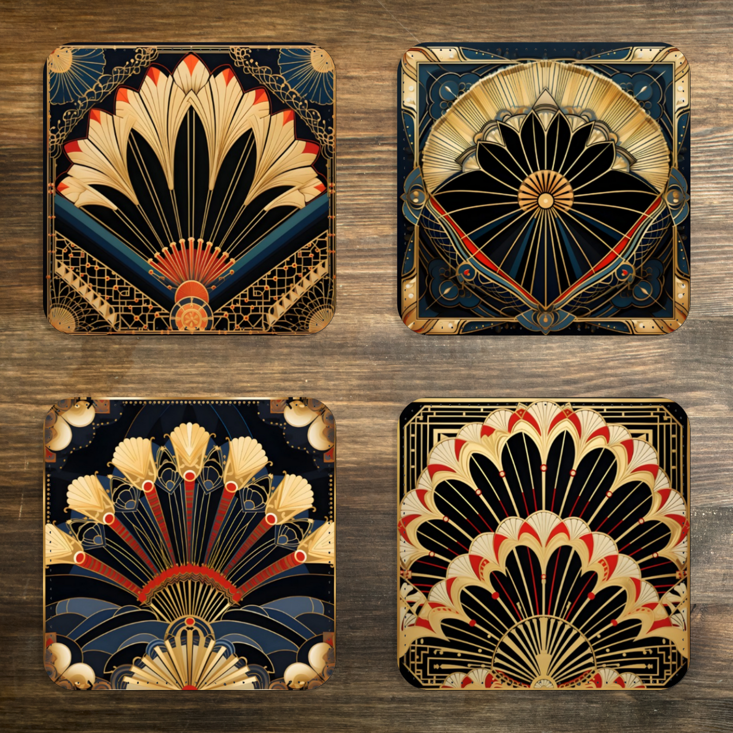 Deco Elegance In Red Art Deco Set Of 4 PU Leather Coasters