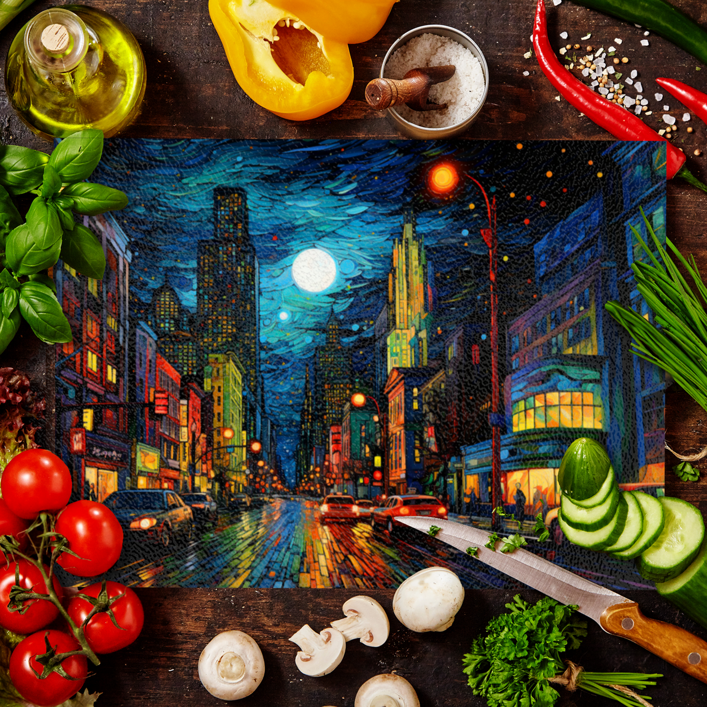 Neon Nightscape Textured Glass Chopping Boards