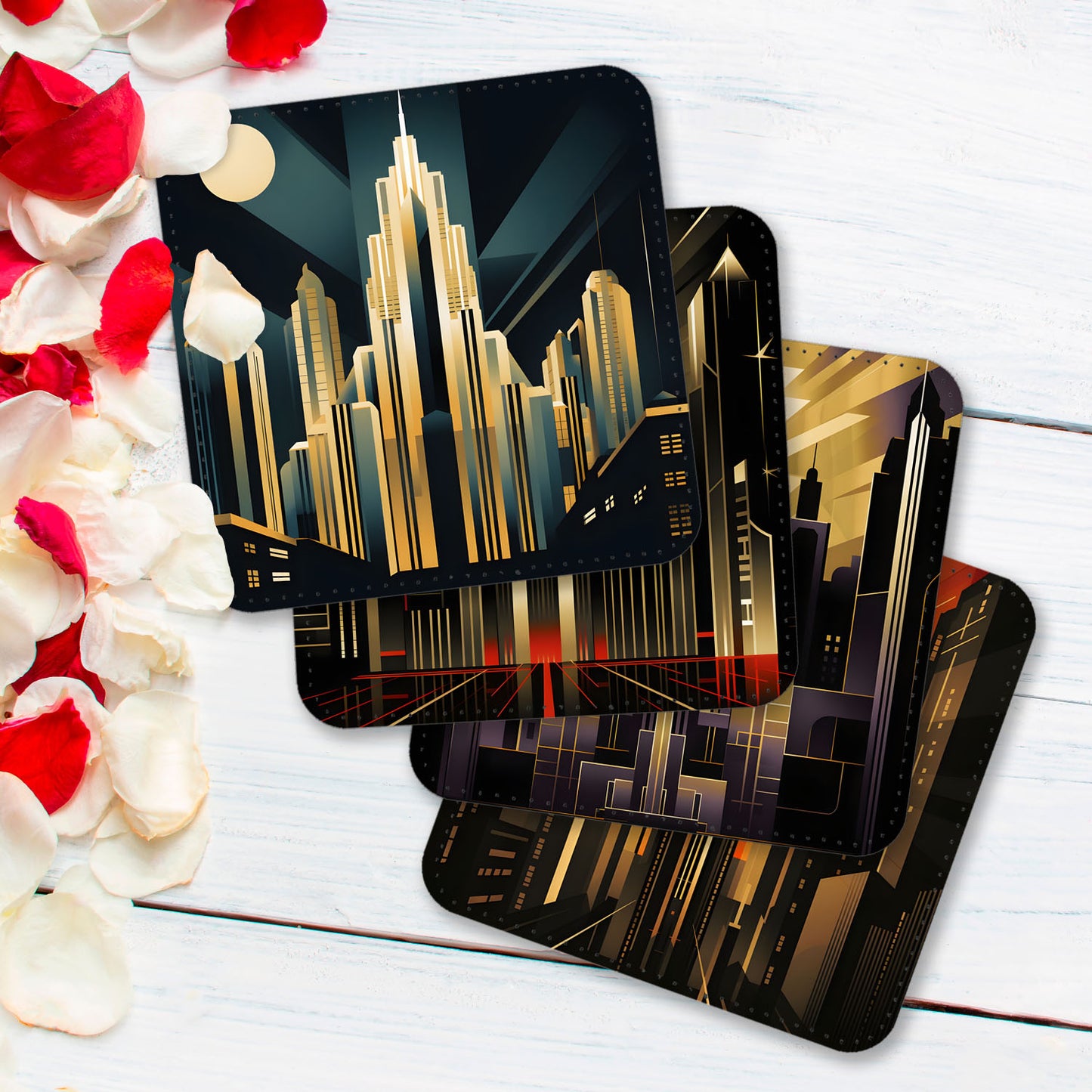 Urban Horizons Art Deco Set Of 4 PU Leather Coasters