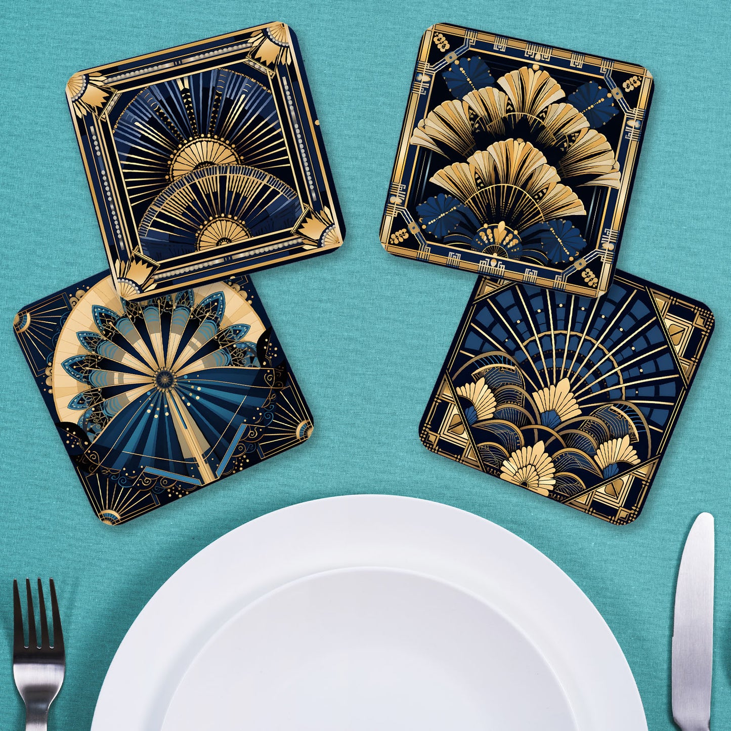 Deco Elegance In Blue Art Deco Set Of 4 PU Leather Coasters