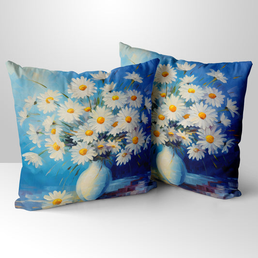 Sunlit Daisies in Blue Hand Made Poly Linen Cushions