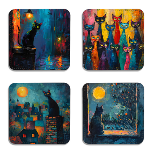 Mystic Felines Set Of 4 PU Leather Coasters