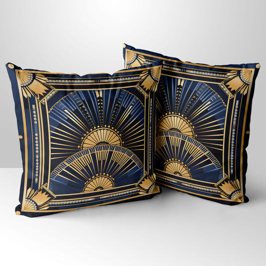 Deco Elegance In Blue Design 2 Art Deco Hand Made Poly Linen Cushions