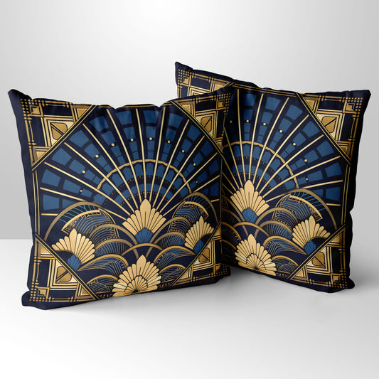 Deco Elegance In Blue Design 4 Art Deco  Hand Made Poly Linen Cushions