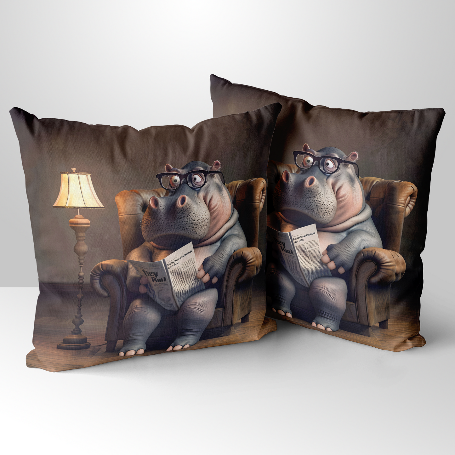 Studious Hippo  Hand Made Poly Linen Cushions